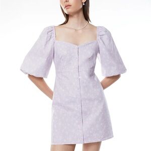 OAK + FORT Lilac Puff-Sleeve Button Mini Dress